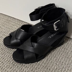 Sorel Black Wedge Sandals